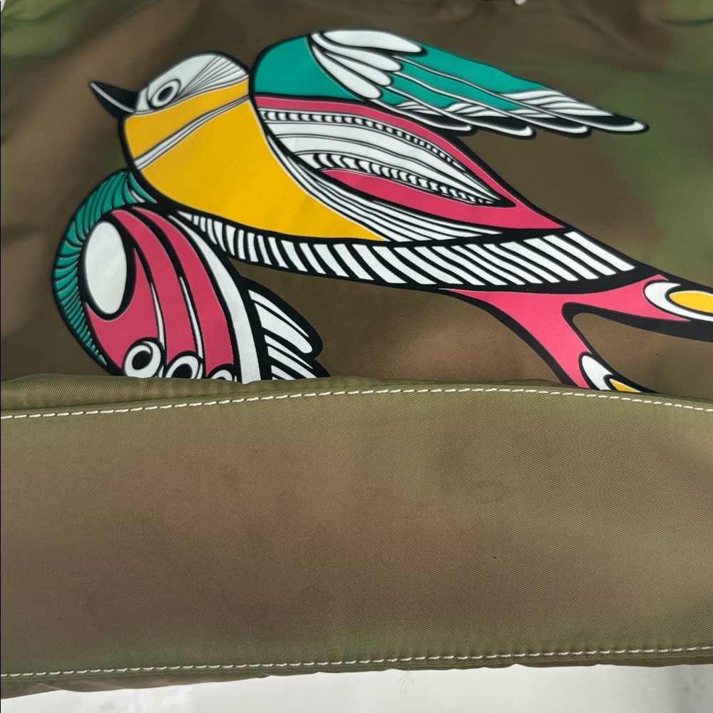 COCCINELLE BRAND MADE IN ITALY OLIVE GREEN AND BROWN SATIN LIKE CANVAS TOTE BAG - Picture 6 of 12